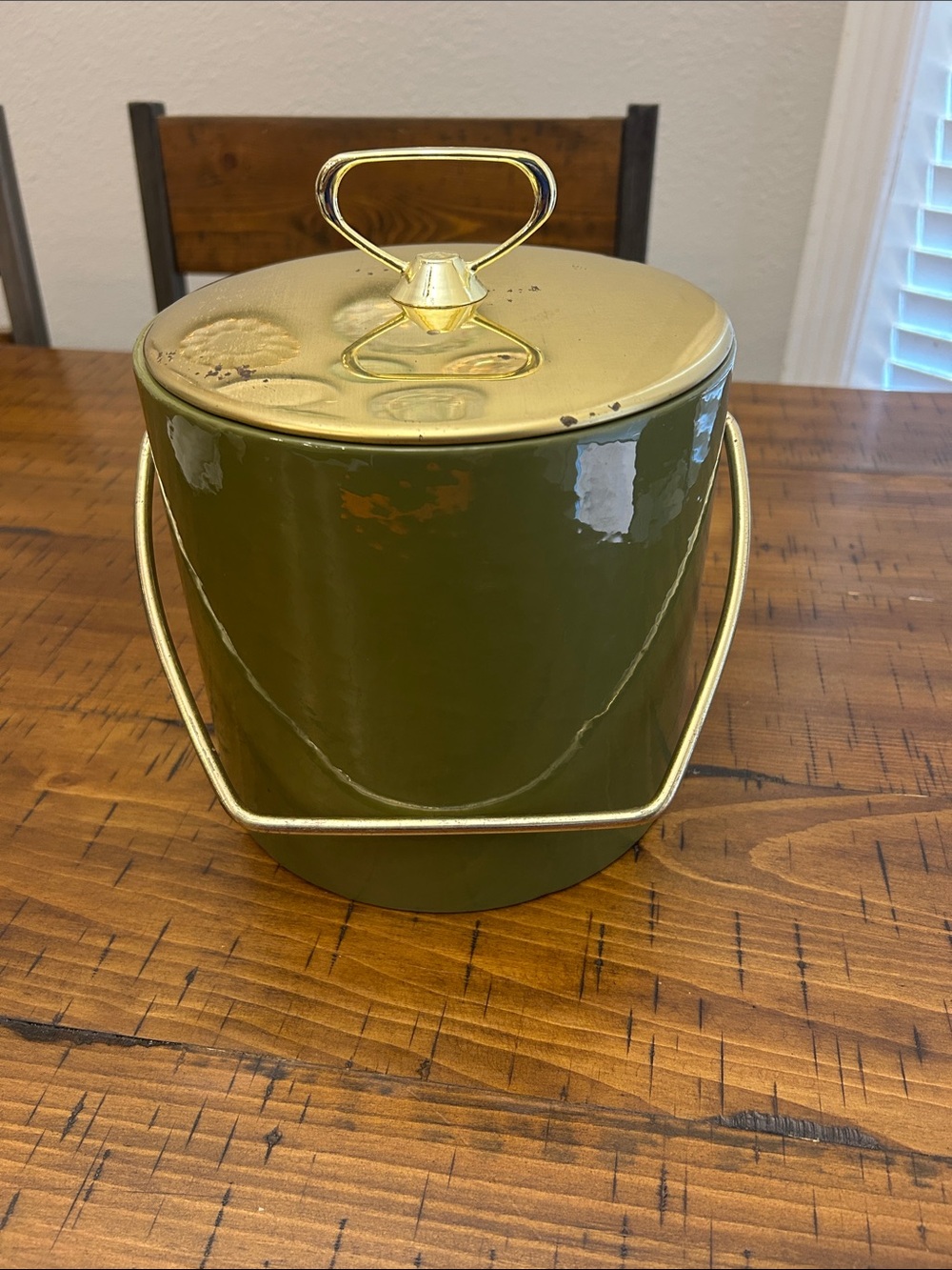 Vintage Retro Kraftware Green Ice Bucket With Gold Toned Accents.